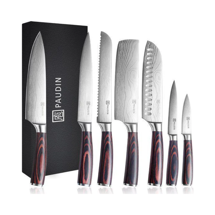 PAUDIN NS7 Messerset Professionell – 7-teilig – Japanische Messer – Kochmesser – Brotmesser – Fleischmesser – Santokumesser – Nakiri-Messer
