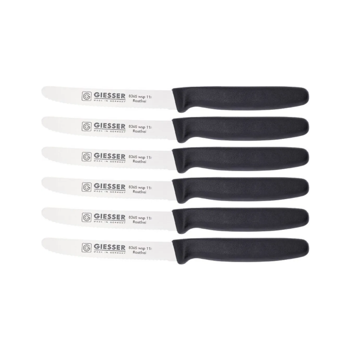 6er Set Giesser Brötchenmesser Tomatenmesser Küchenmesser 3mm Wellenschliff Klinge 11cm - schwarz