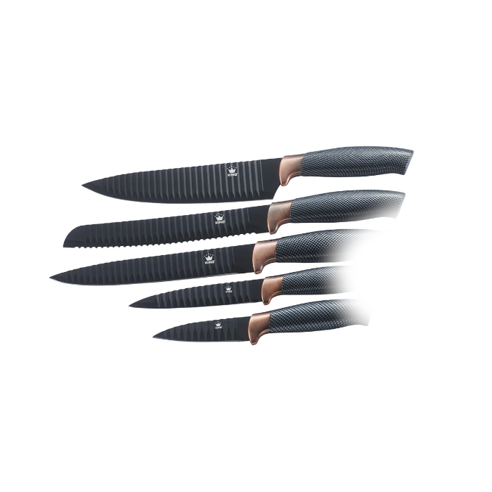5tlg. Messerset KING CARBON DESIGN Edelstahl beschichtete Klingen mit Riffelstruktur plus gratis Schäler / Größen: 20cm Kochmesser, 20cm Ausbeinmesser, 20cm Brotmesser, 12.5cm Universalmesser