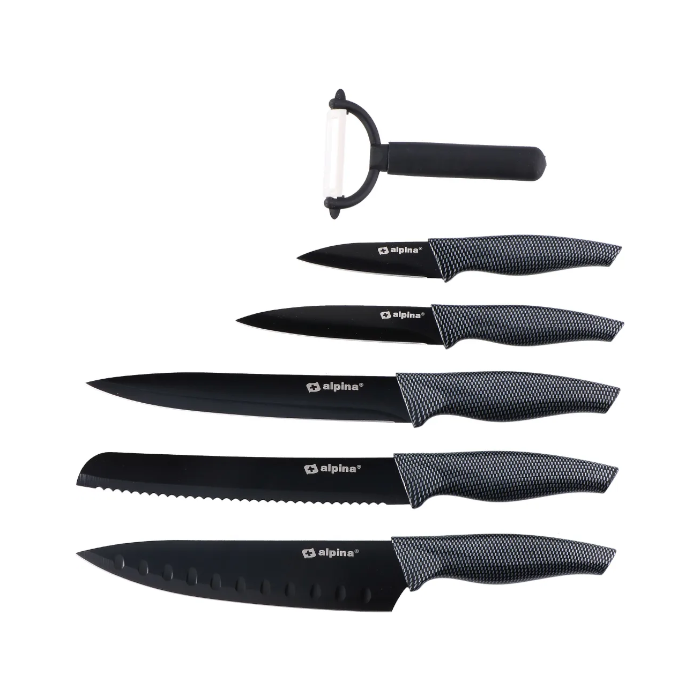 alpina 6 teiliges MesserSet Brot, Fleisch, Allzweck, Schäler und Santoku-Messer - Inklusive Sparschäler