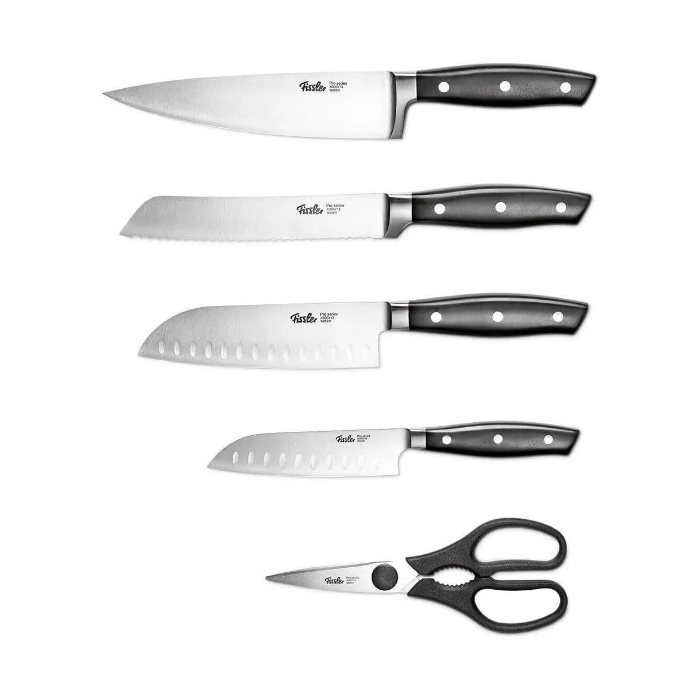 Fissler PROFI Messerset 5 tlg, Spezialklingen-Edelstahl geschmiedet - scharf, 4 Küchenmesser & Küchenschere Set, Kochmesser / 2 Santoku-Messer / Brotm
